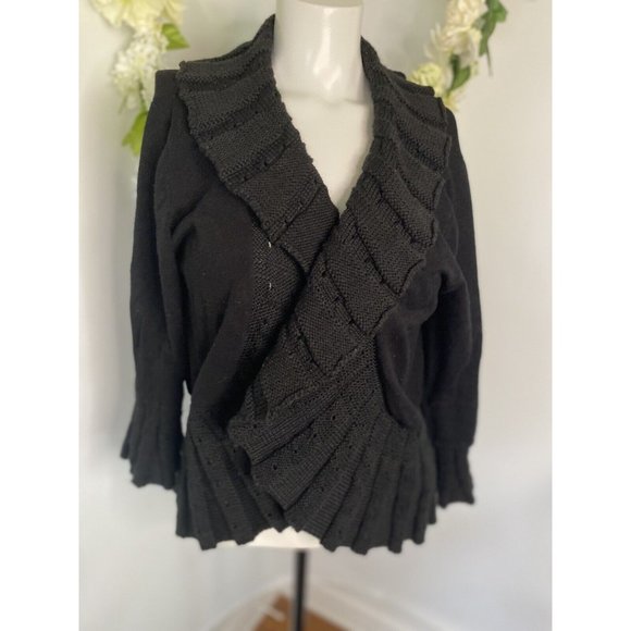 Lillie Rubin Vintage Size XL Black Open Cardigan Ruffled Detail Wool Blend Short - Picture 1 of 16